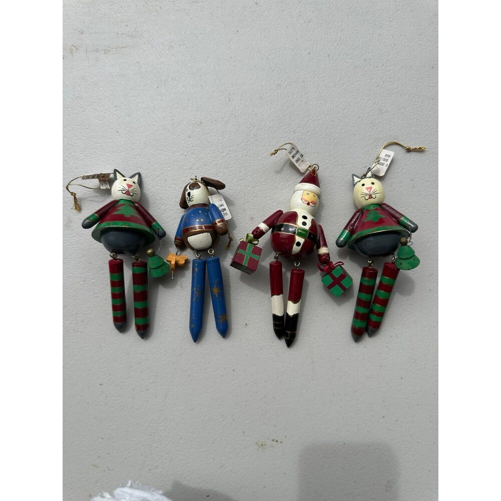 4 Vintage Hand Painted Wooden Pull Puppets Santa Cat Dog Christmas Ornaments
